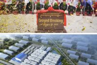 From top: A groundbreaking ceremony for the Rianlon Malaysia R&D and Manufacturing Base in January. A rendering of Rianlon's R&D and manufacturing base in Malaysia. PHOTOS PROVIDED TO CHINA DAILY